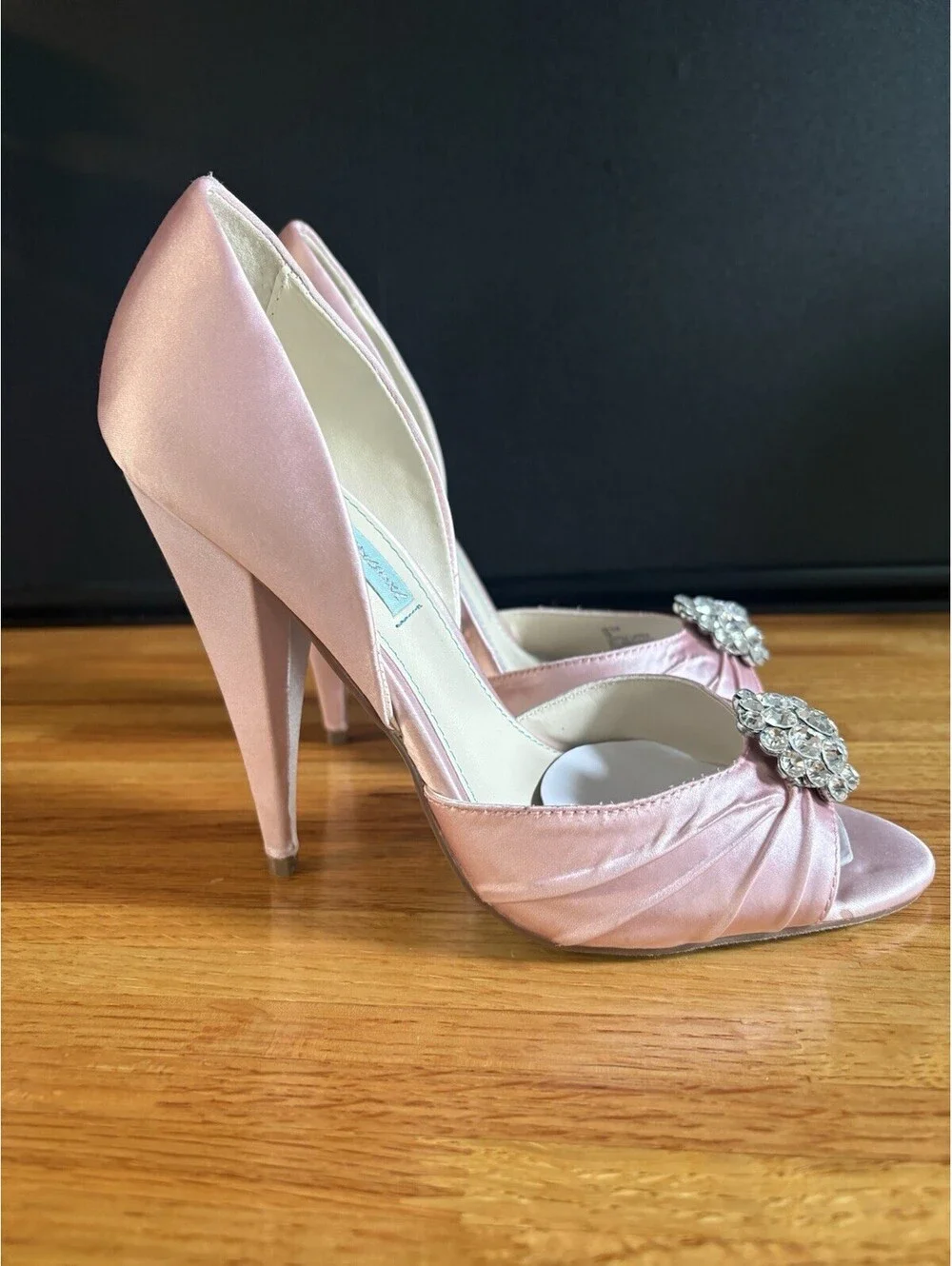 Betsey Johnson Pink Satin Peep Toe Rhinestone Slip-On Stiletto Pumps US 7